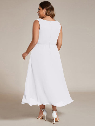Plus Size Sleeveless Chiffon High-Low Wedding Guest Dress with Waist Applique #color_White