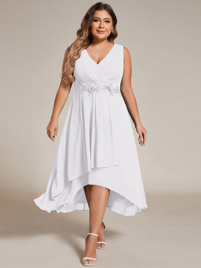 Plus Size Sleeveless Chiffon High-Low Wedding Guest Dress with Waist Applique #color_White
