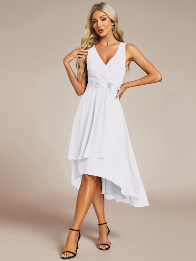 Sleeveless Chiffon High-Low Wedding Guest Dress with Waist Applique #color_White