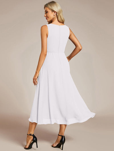 Sleeveless Chiffon High-Low Wedding Guest Dress with Waist Applique #color_White