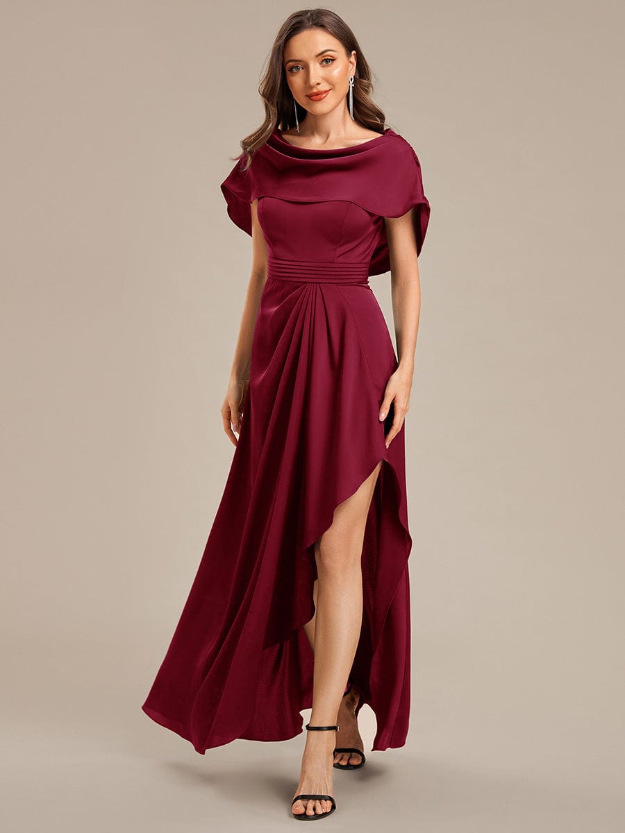 Convertible Satin Drop Shoulder Sleeve Mother of the Bride Dress #color_Burgundy