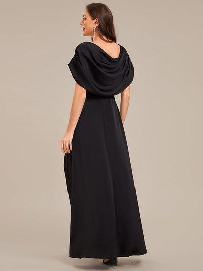 Convertible Satin Drop Shoulder Sleeve Mother of the Bride Dress #color_Black