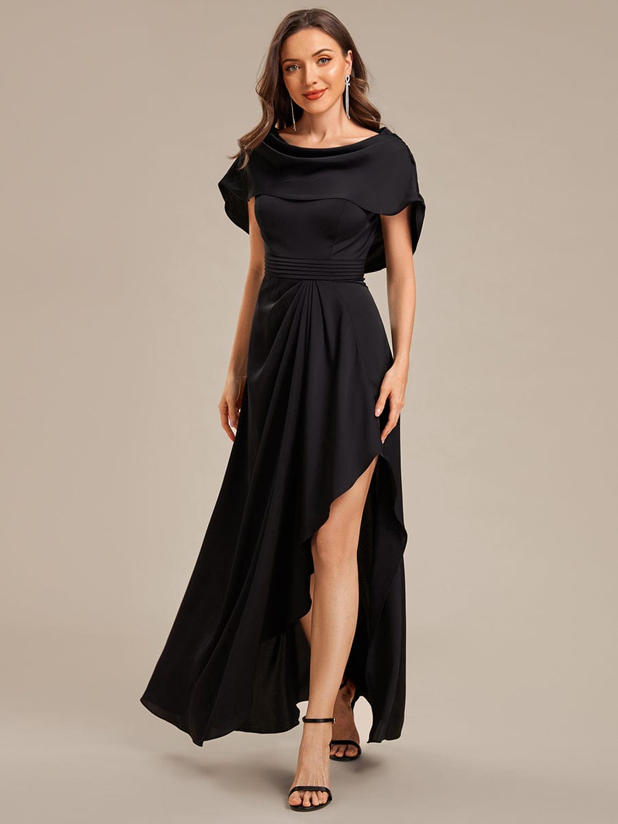 Convertible Satin Drop Shoulder Sleeve Mother of the Bride Dress #color_Black