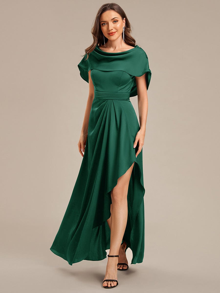Convertible Satin Drop Shoulder Sleeve Mother of the Bride Dress #color_Dark Green