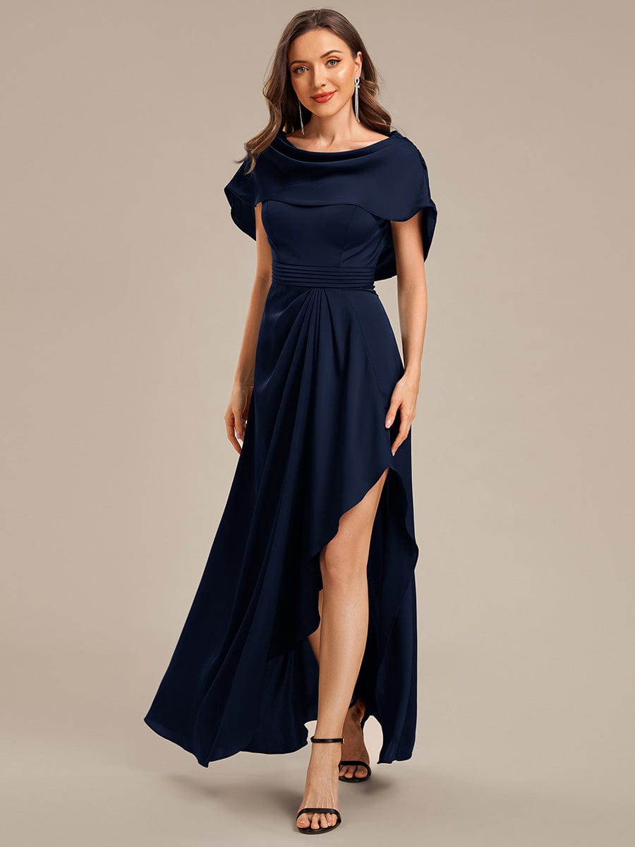 Convertible Satin Drop Shoulder Sleeve Mother of the Bride Dress #color_Navy Blue