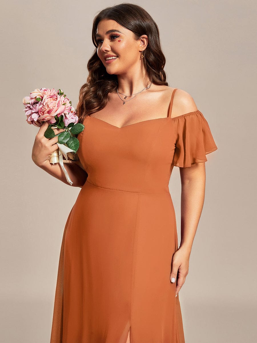 Stylish Cold-Shoulder Floor Length Bridesmaid Dress with Side Slit #color_Brandied Melon