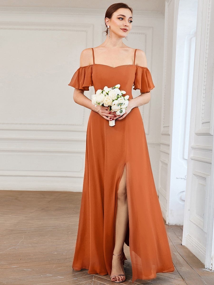 Stylish Cold-Shoulder Floor Length Bridesmaid Dress with Side Slit #color_Brandied Melon