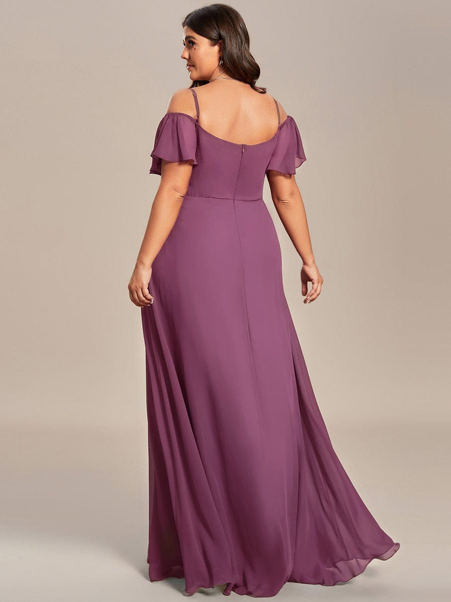 Stylish Cold-Shoulder Floor Length Bridesmaid Dress with Side Slit #color_Damson