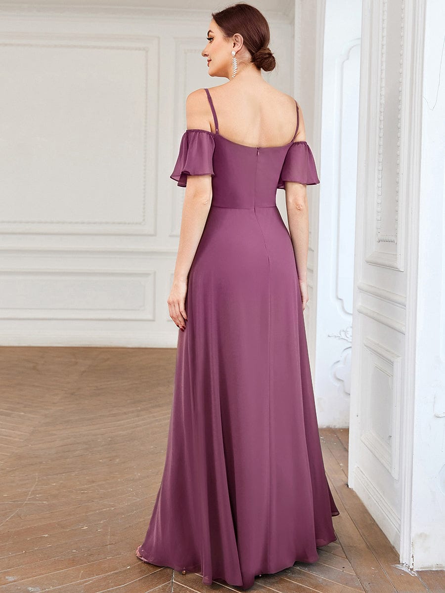 Stylish Cold-Shoulder Floor Length Bridesmaid Dress with Side Slit #color_Damson