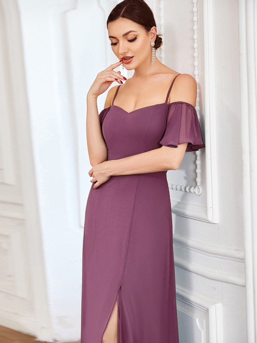 Stylish Cold-Shoulder Floor Length Bridesmaid Dress with Side Slit #color_Damson