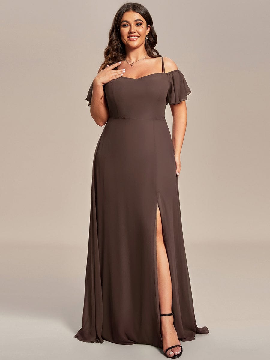 Stylish Cold-Shoulder Floor Length Bridesmaid Dress with Side Slit #color_Espresso