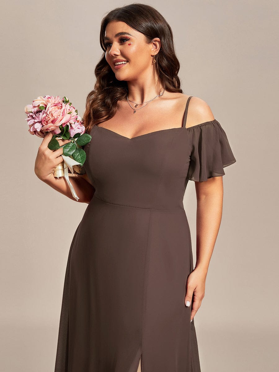 Stylish Cold-Shoulder Floor Length Bridesmaid Dress with Side Slit #color_Espresso