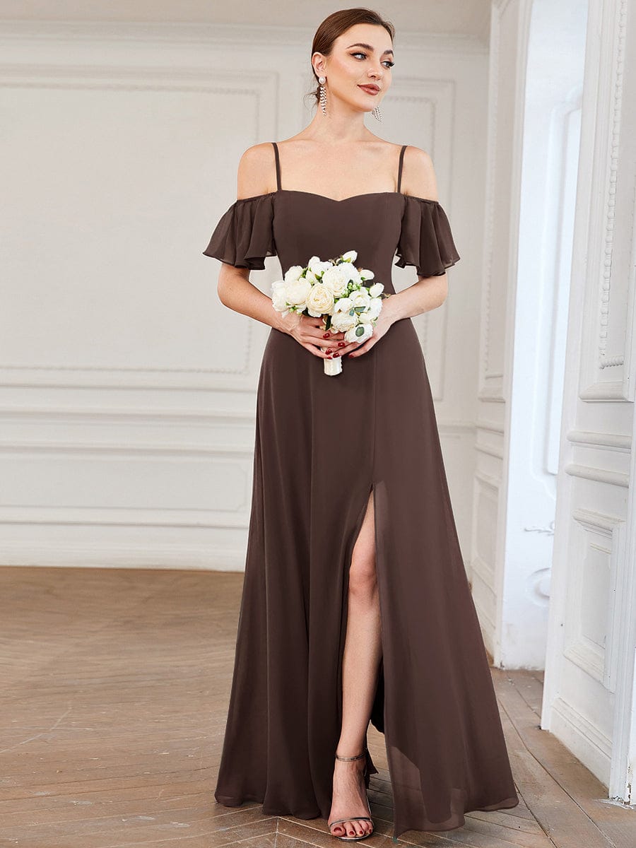 Stylish Cold-Shoulder Floor Length Bridesmaid Dress with Side Slit #color_Espresso