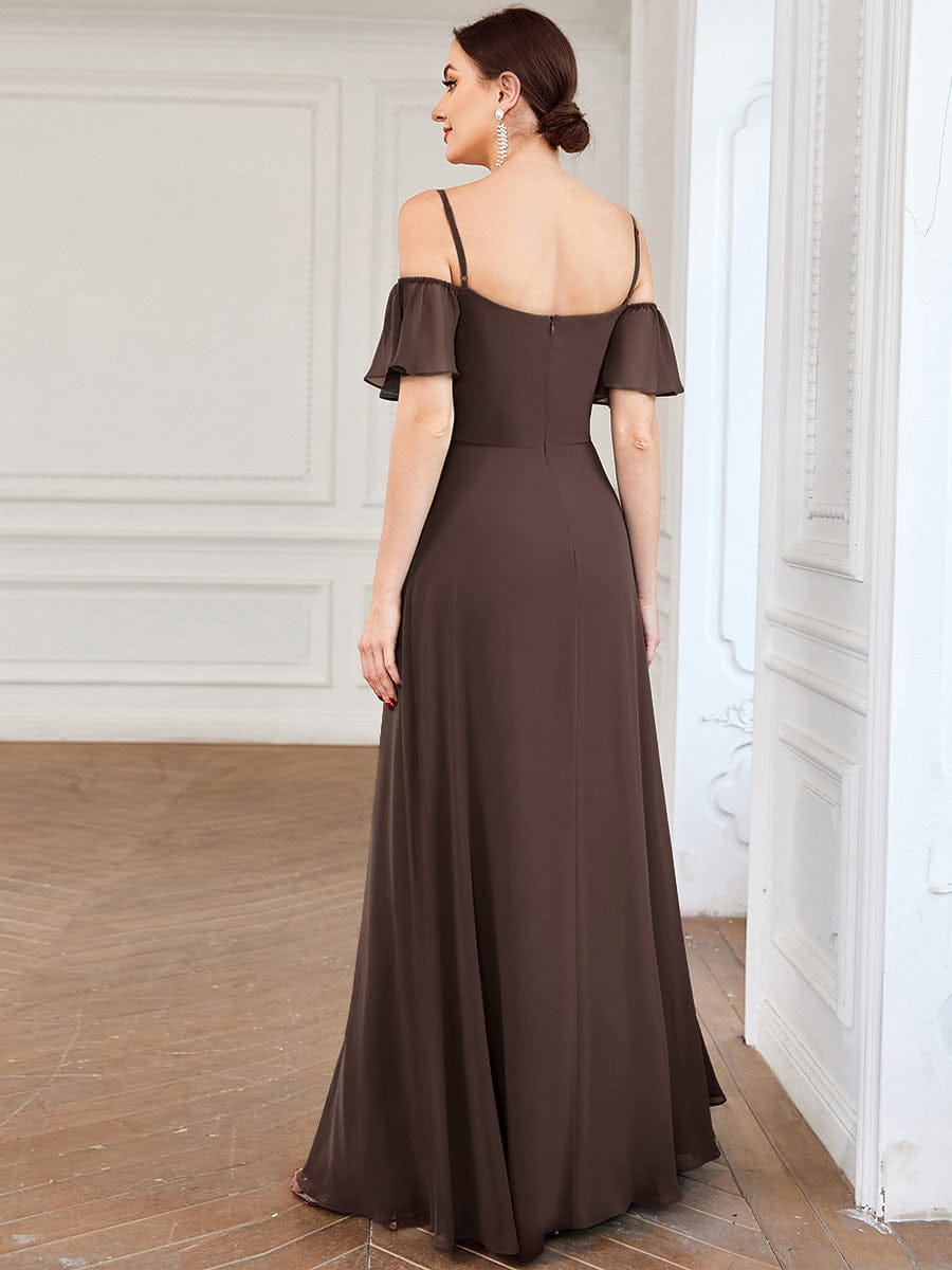 Stylish Cold-Shoulder Floor Length Bridesmaid Dress with Side Slit #color_Espresso