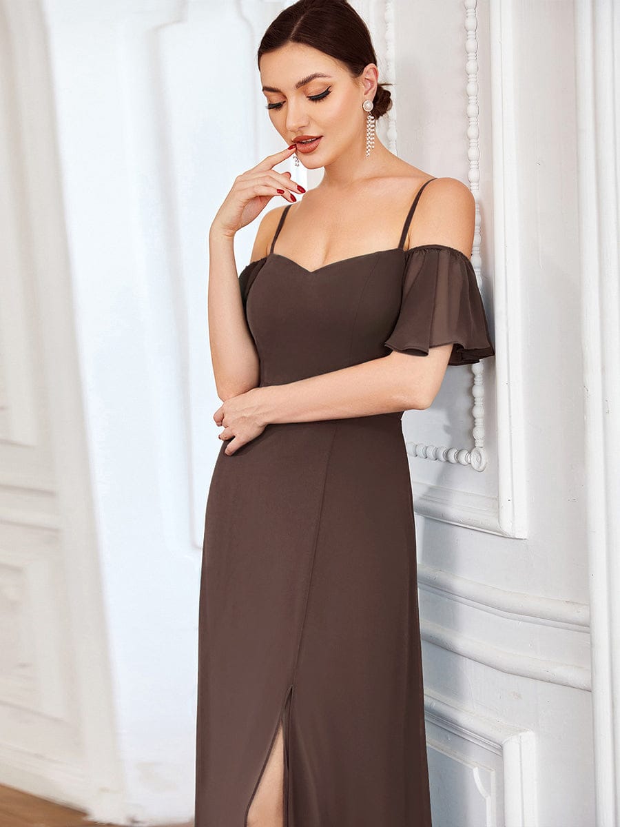 Stylish Cold-Shoulder Floor Length Bridesmaid Dress with Side Slit #color_Espresso