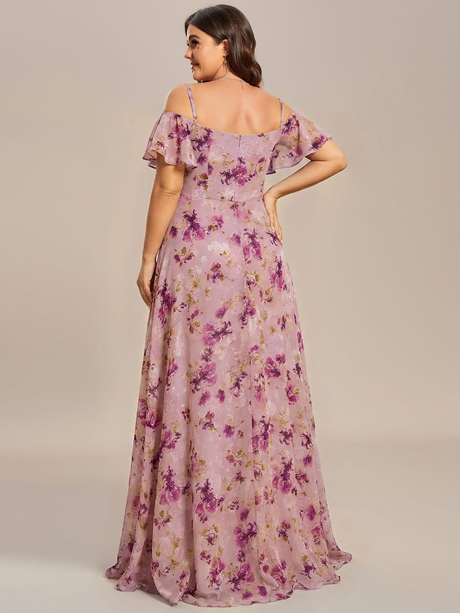 Stylish Cold-Shoulder Floor Length Bridesmaid Dress with Side Slit #color_Light Purple Print