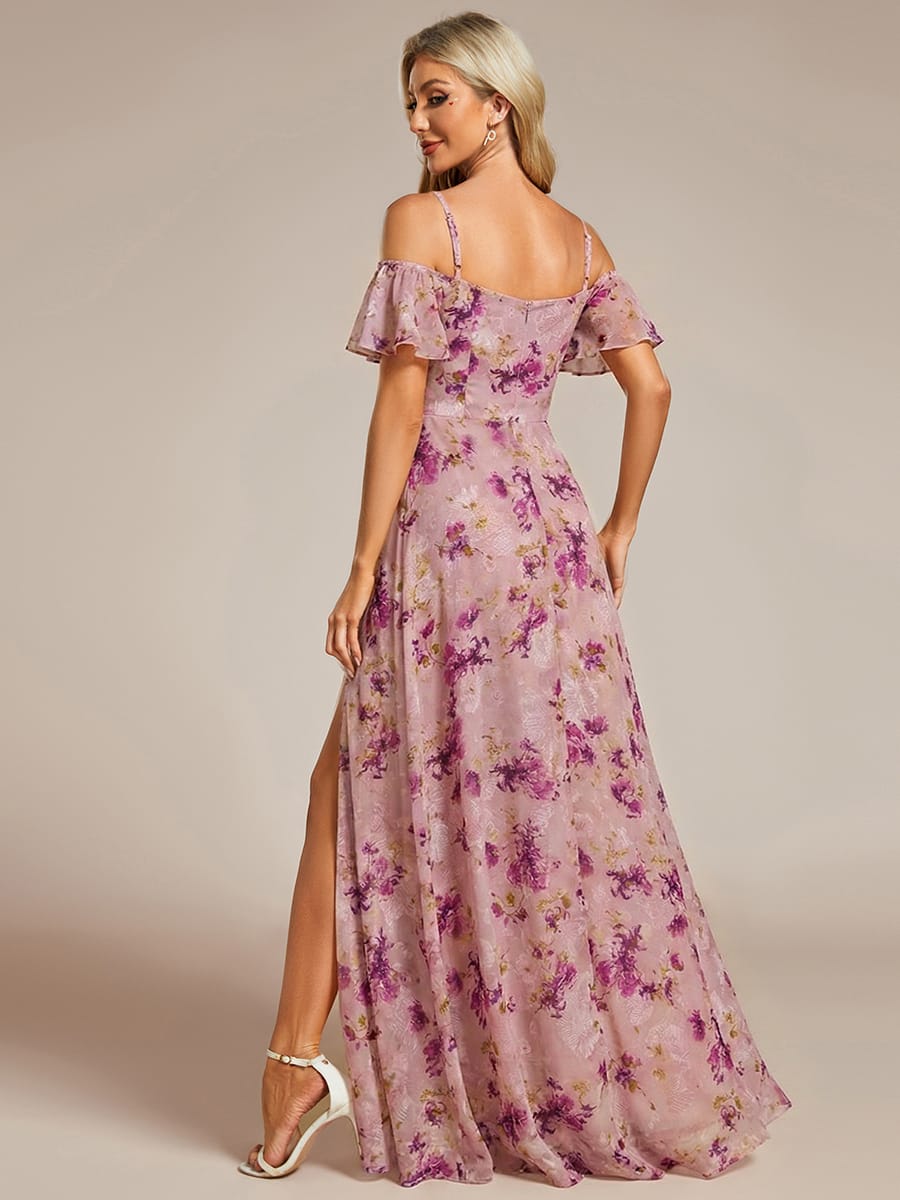 Stylish Cold-Shoulder Floor Length Bridesmaid Dress with Side Slit #color_Light Purple Print