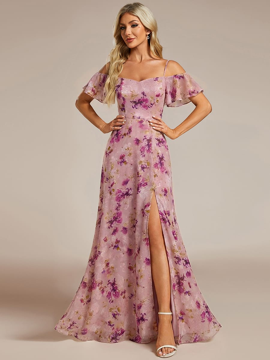 Stylish Cold-Shoulder Floor Length Bridesmaid Dress with Side Slit #color_Light Purple Print