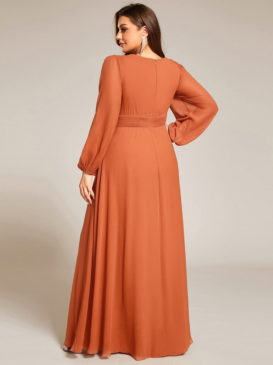 Plus Size Sheer Long Sleeve Pleated Floor Length Bridesmaid Dress #color_Brandied Melon