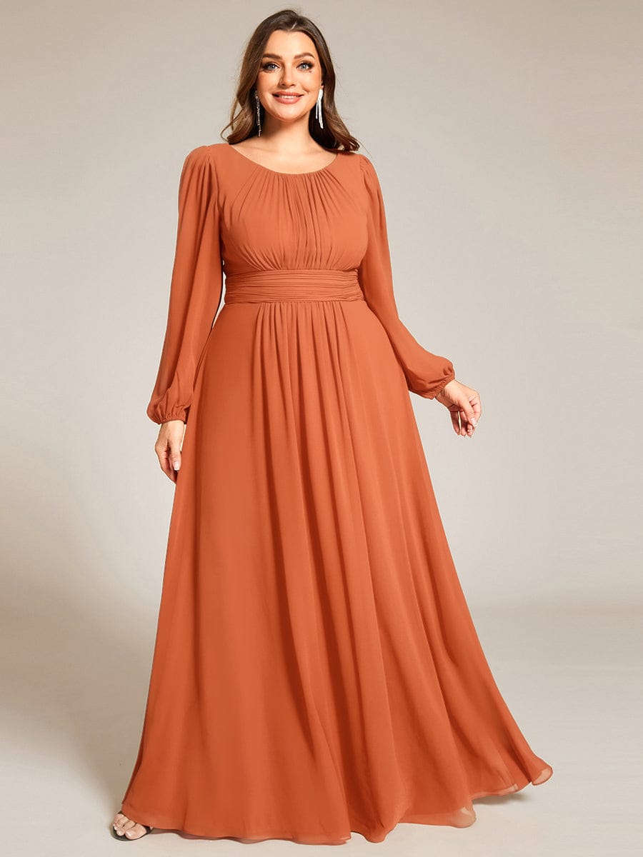 Plus Size Sheer Long Sleeve Pleated Floor Length Bridesmaid Dress #color_Brandied Melon