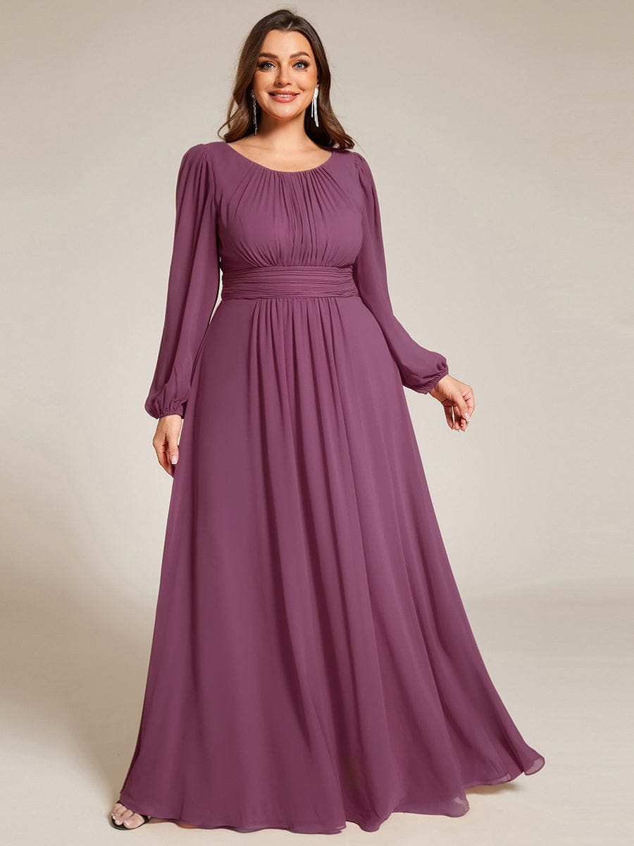 Chiffon Long Sleeve Pleated Floor Length Bridesmaid Dress #color_Damson