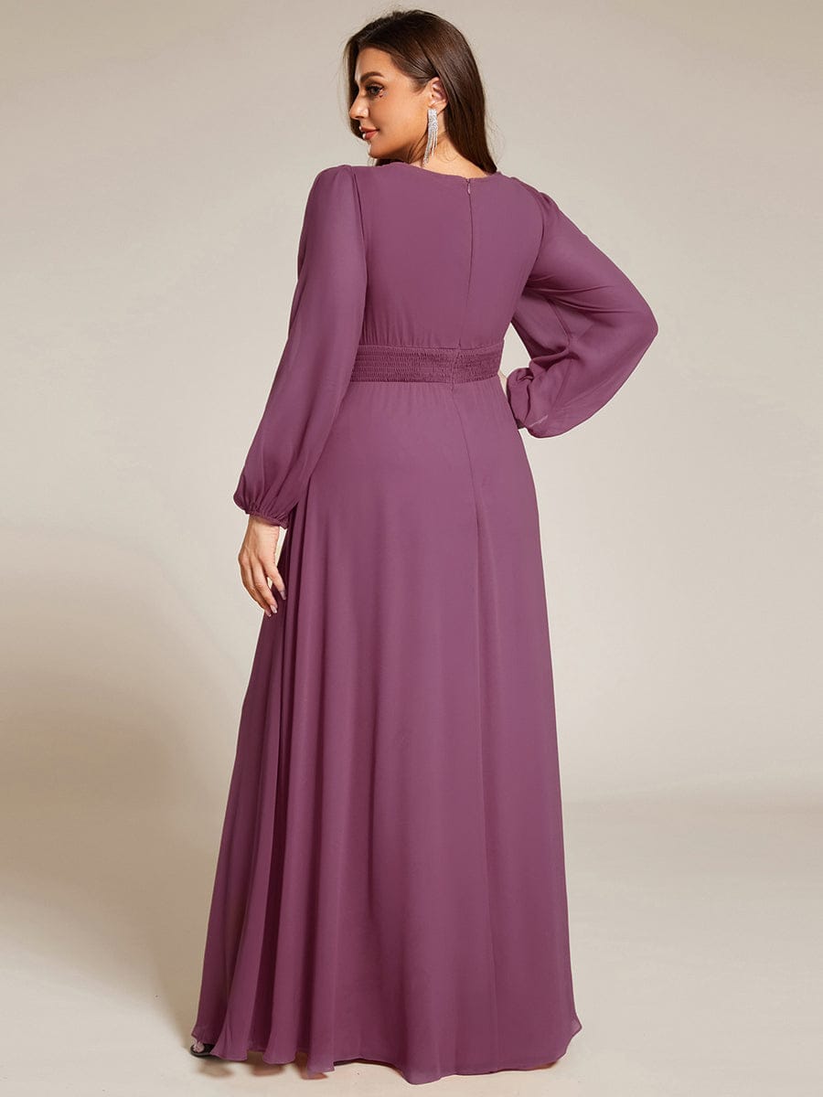 Chiffon Long Sleeve Pleated Floor Length Bridesmaid Dress #color_Damson