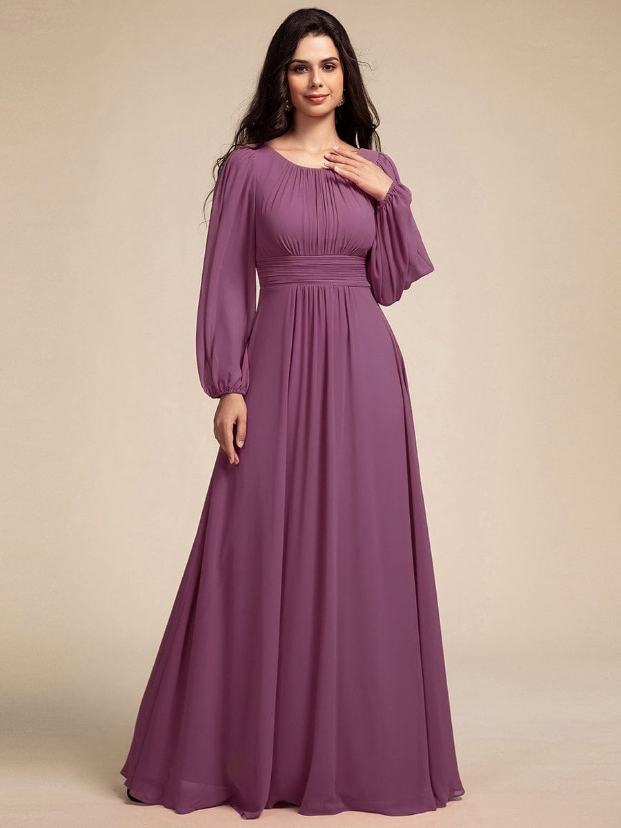 Chiffon Long Sleeve Pleated Floor Length Bridesmaid Dress #color_Damson