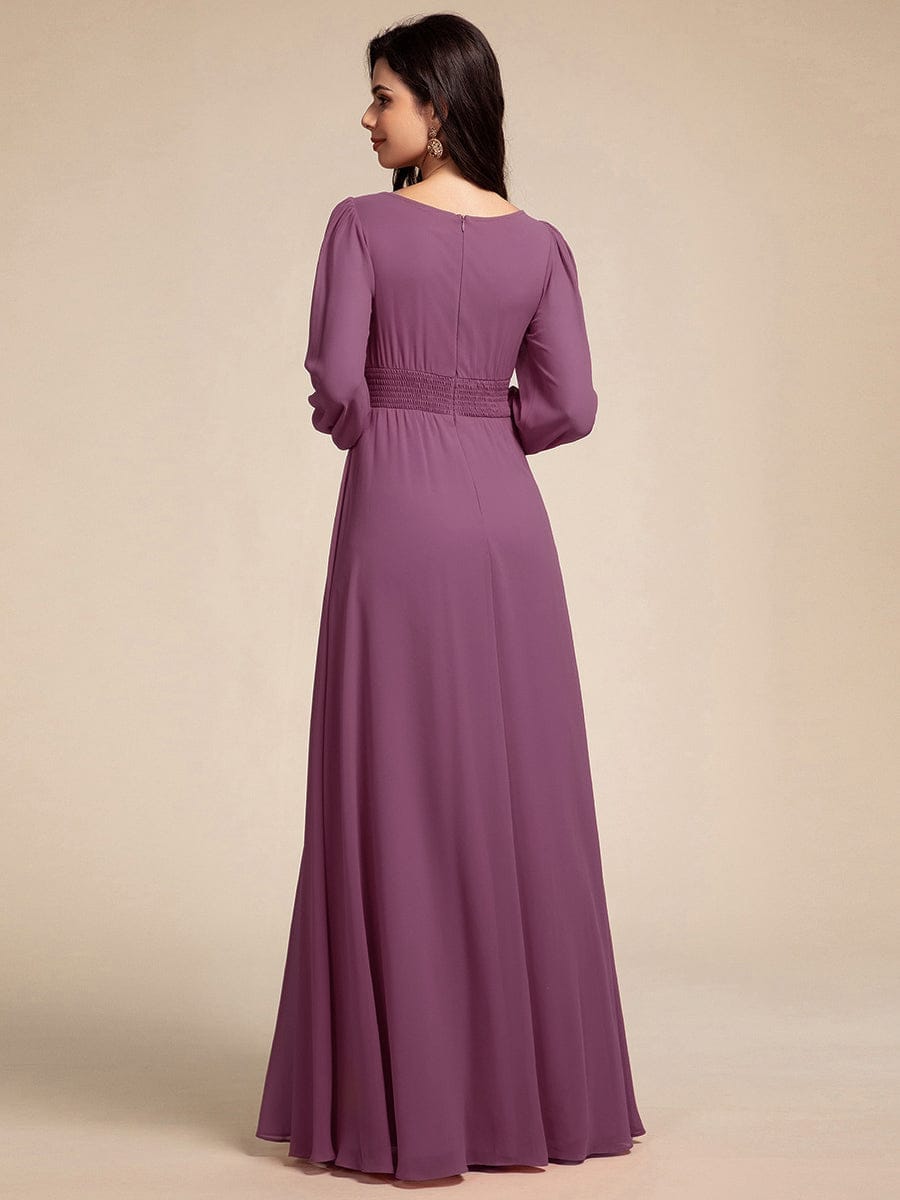 Chiffon Long Sleeve Pleated Floor Length Bridesmaid Dress #color_Damson