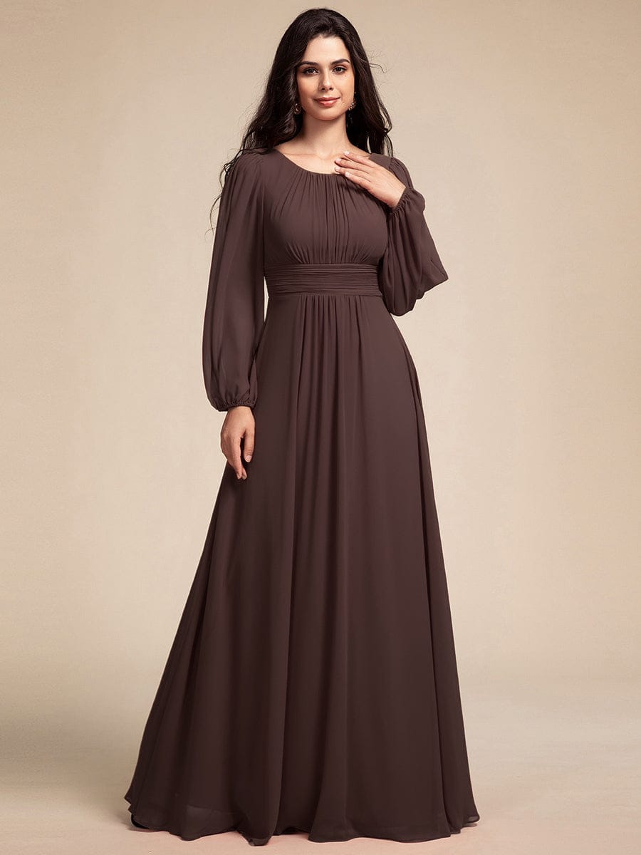 Chiffon Long Sleeve Pleated Floor Length Bridesmaid Dress #color_Espresso