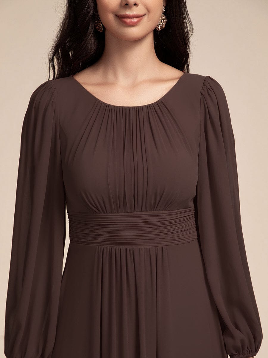 Chiffon Long Sleeve Pleated Floor Length Bridesmaid Dress #color_Espresso