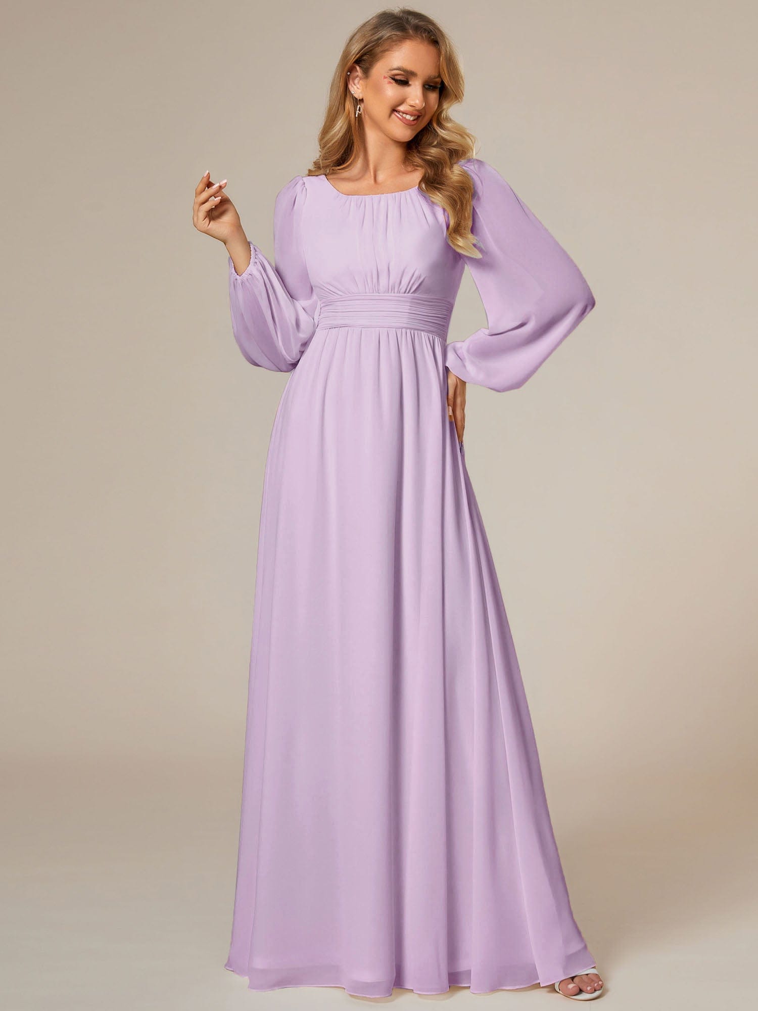 Chiffon Long Sleeve Pleated Floor Length Bridesmaid Dress #color_Frosted Lilac