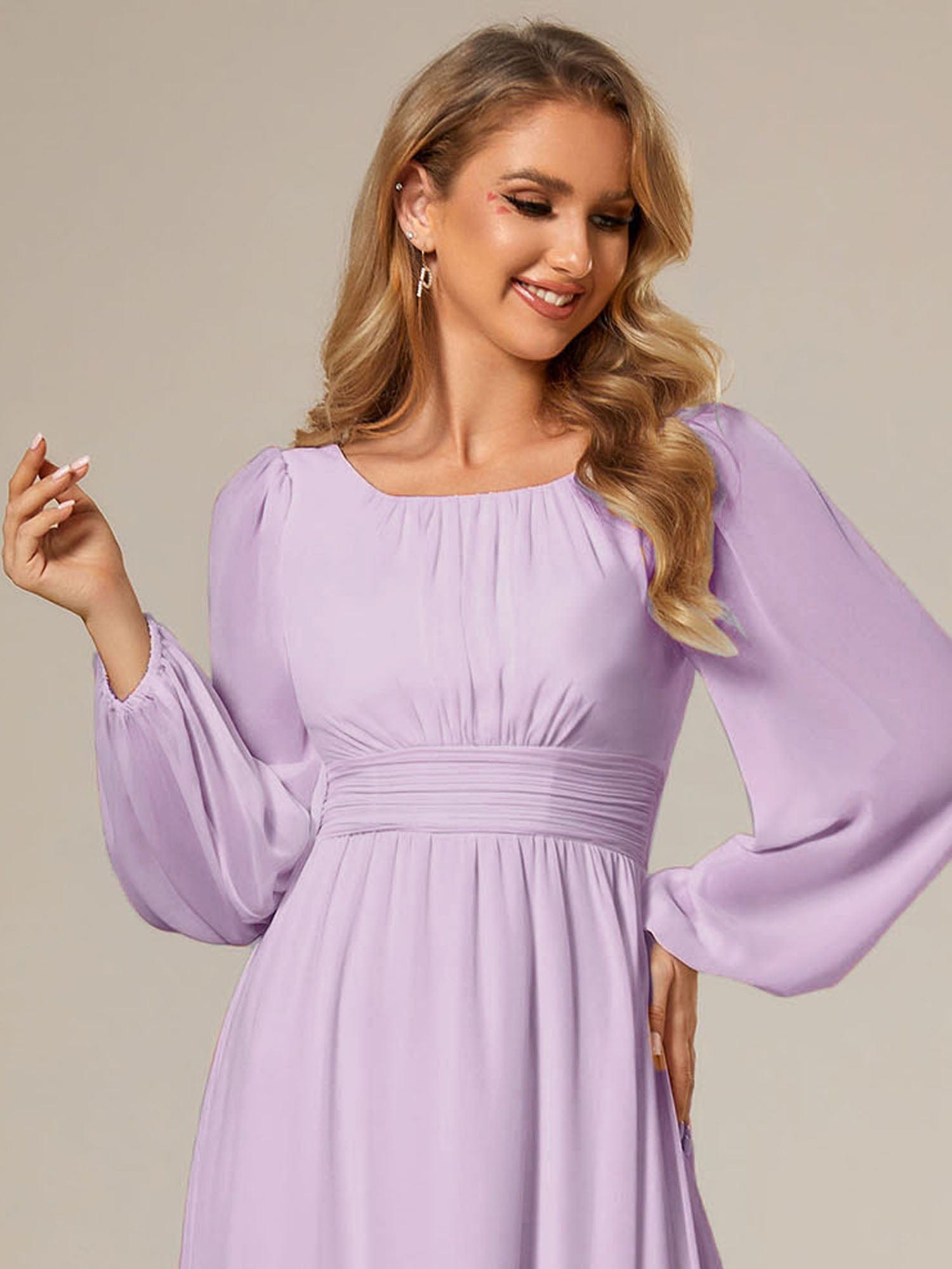 Chiffon Long Sleeve Pleated Floor Length Bridesmaid Dress #color_Frosted Lilac