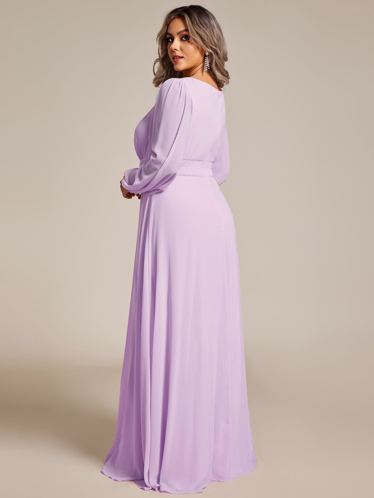 Chiffon Long Sleeve Pleated Floor Length Bridesmaid Dress #color_Frosted Lilac