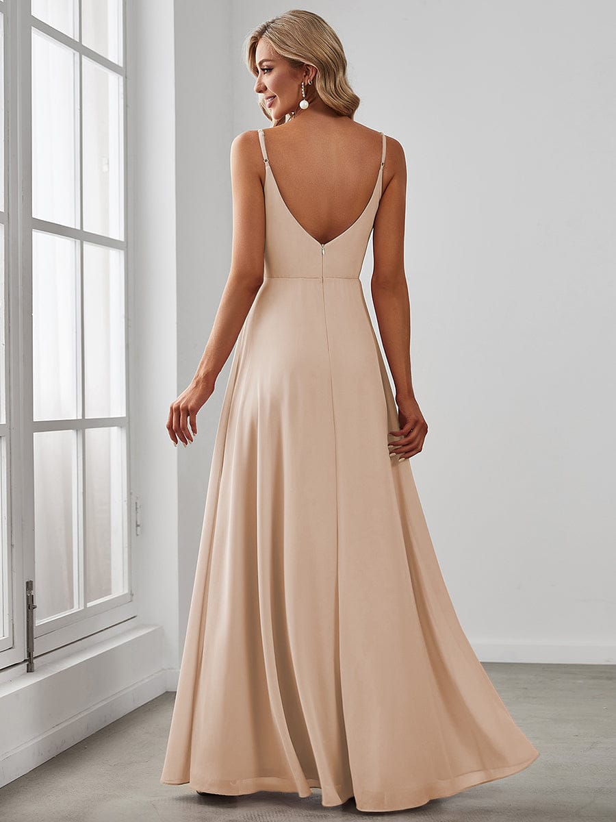 Spaghetti Strap Pleated V-Neck High Slit Bridesmaid Dress #color_Blush