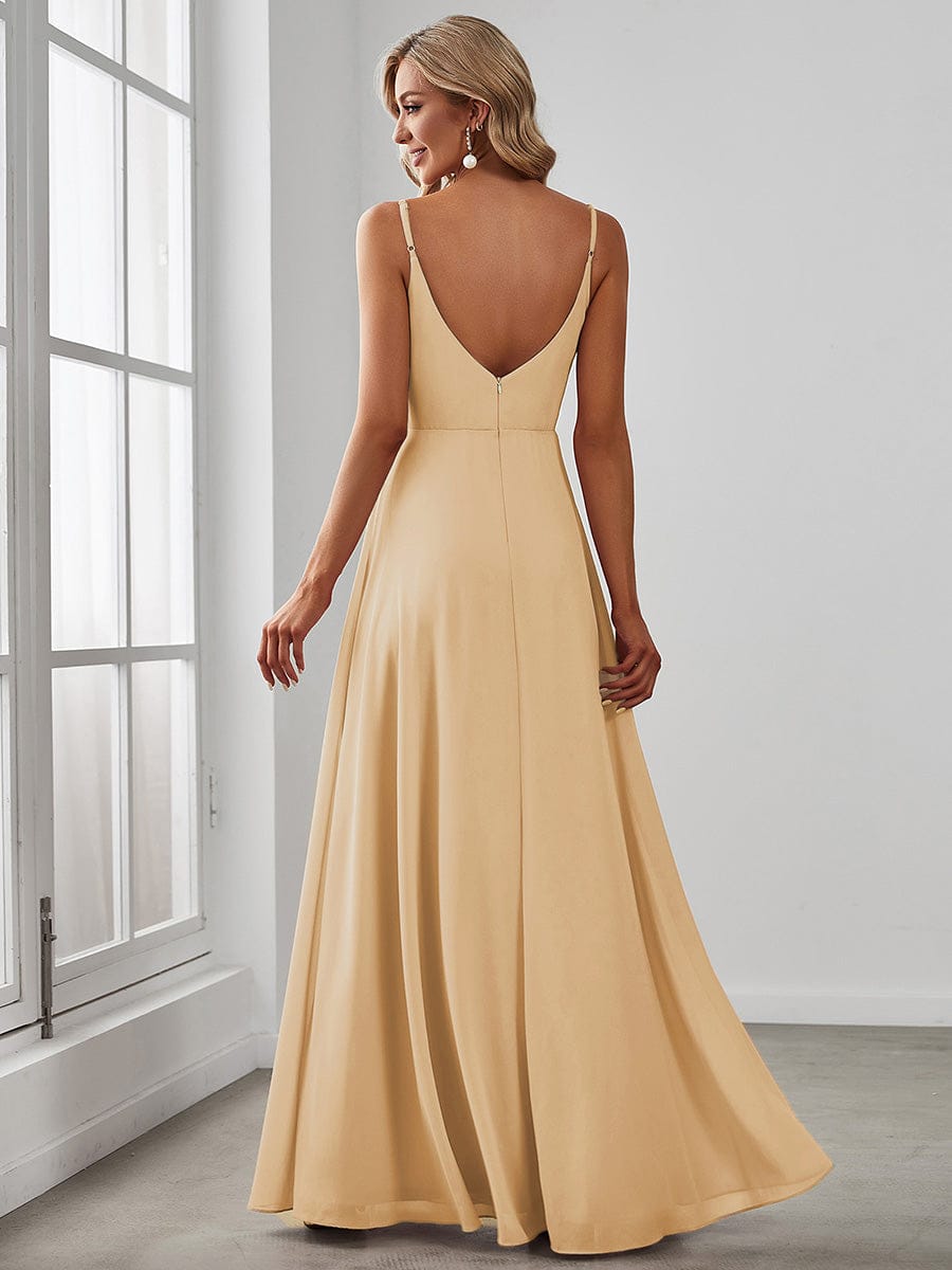 Spaghetti Strap Pleated V-Neck High Slit Bridesmaid Dress #color_Champagne