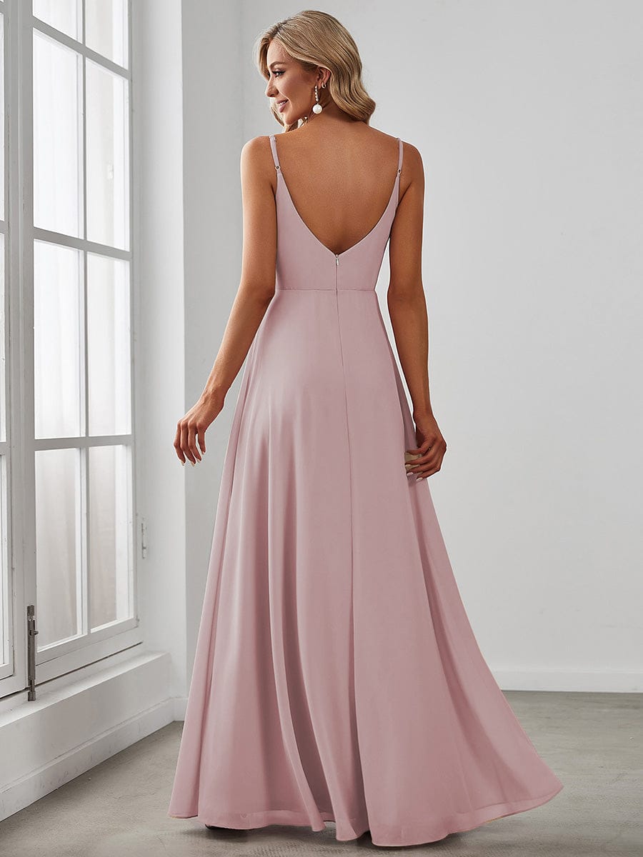 Spaghetti Strap Pleated V-Neck High Slit Bridesmaid Dress #color_Lilac