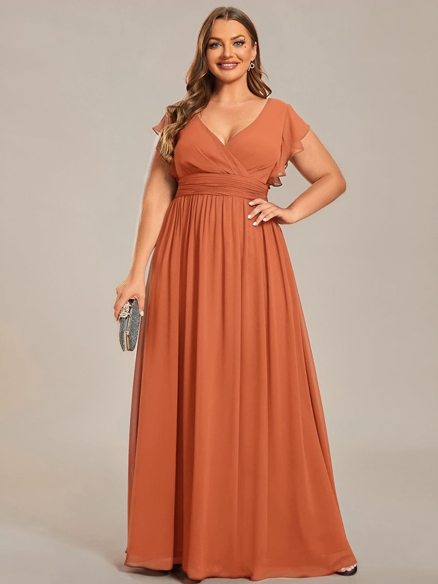 ever LILYANA|Floral V-Neck Open Back Ruffled Sleeves Chiffon Bridesmaid Dress #color_Brandied Melon