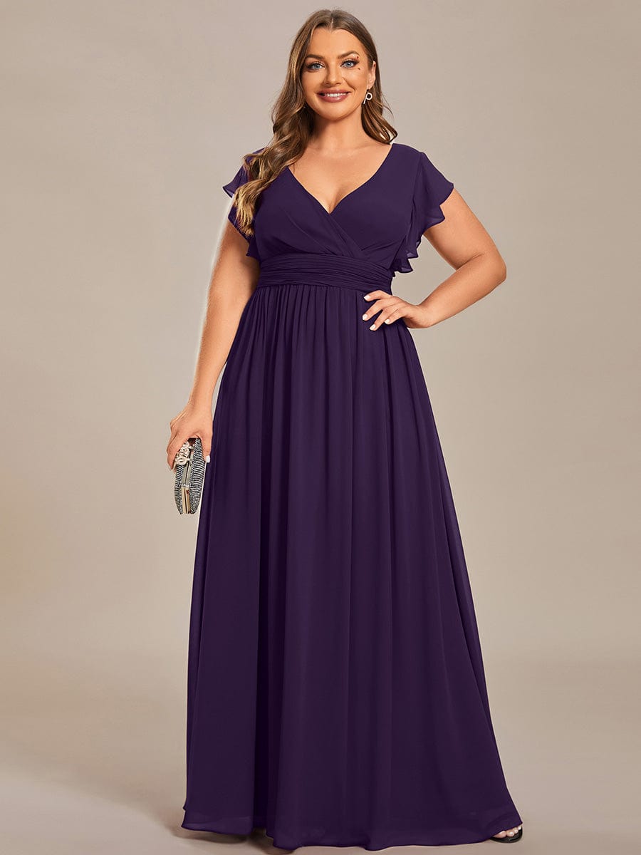 Plus Size V-Neck Open Back Ruffled Sleeves Chiffon Bridesmaid Dress #color_Dark Purple