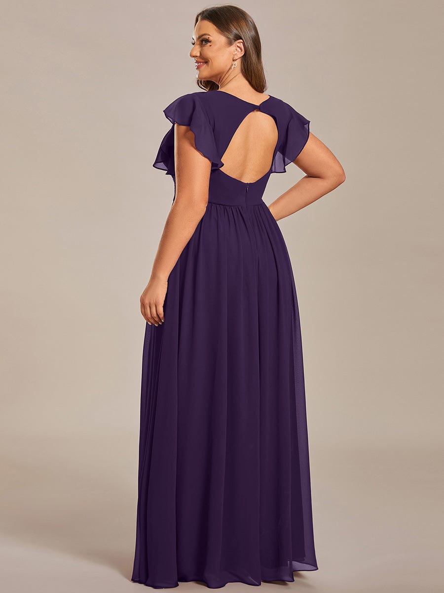 Plus Size V-Neck Open Back Ruffled Sleeves Chiffon Bridesmaid Dress #color_Dark Purple