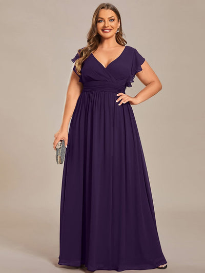 ever LILYANA|Floral V-Neck Open Back Ruffled Sleeves Chiffon Bridesmaid Dress #color_Dark Purple