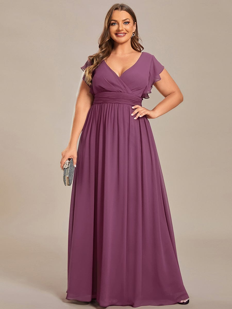 ever LILYANA|Floral V-Neck Open Back Ruffled Sleeves Chiffon Bridesmaid Dress #color_Damson