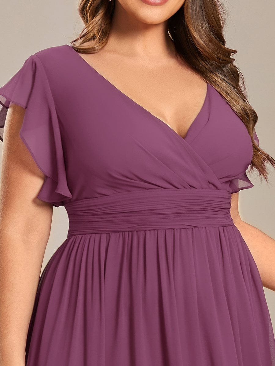 ever LILYANA|Floral V-Neck Open Back Ruffled Sleeves Chiffon Bridesmaid Dress #color_Damson