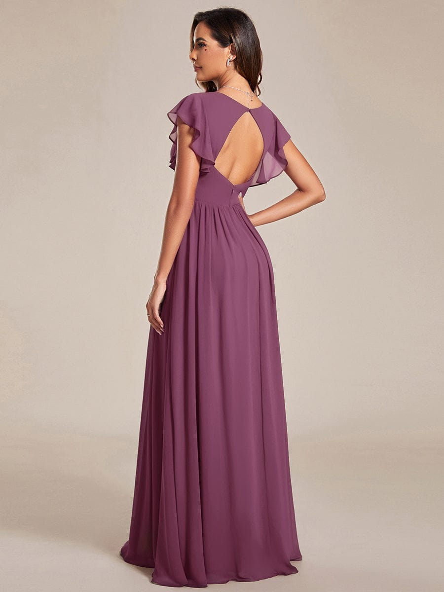 ever LILYANA|Floral V-Neck Open Back Ruffled Sleeves Chiffon Bridesmaid Dress #color_Damson
