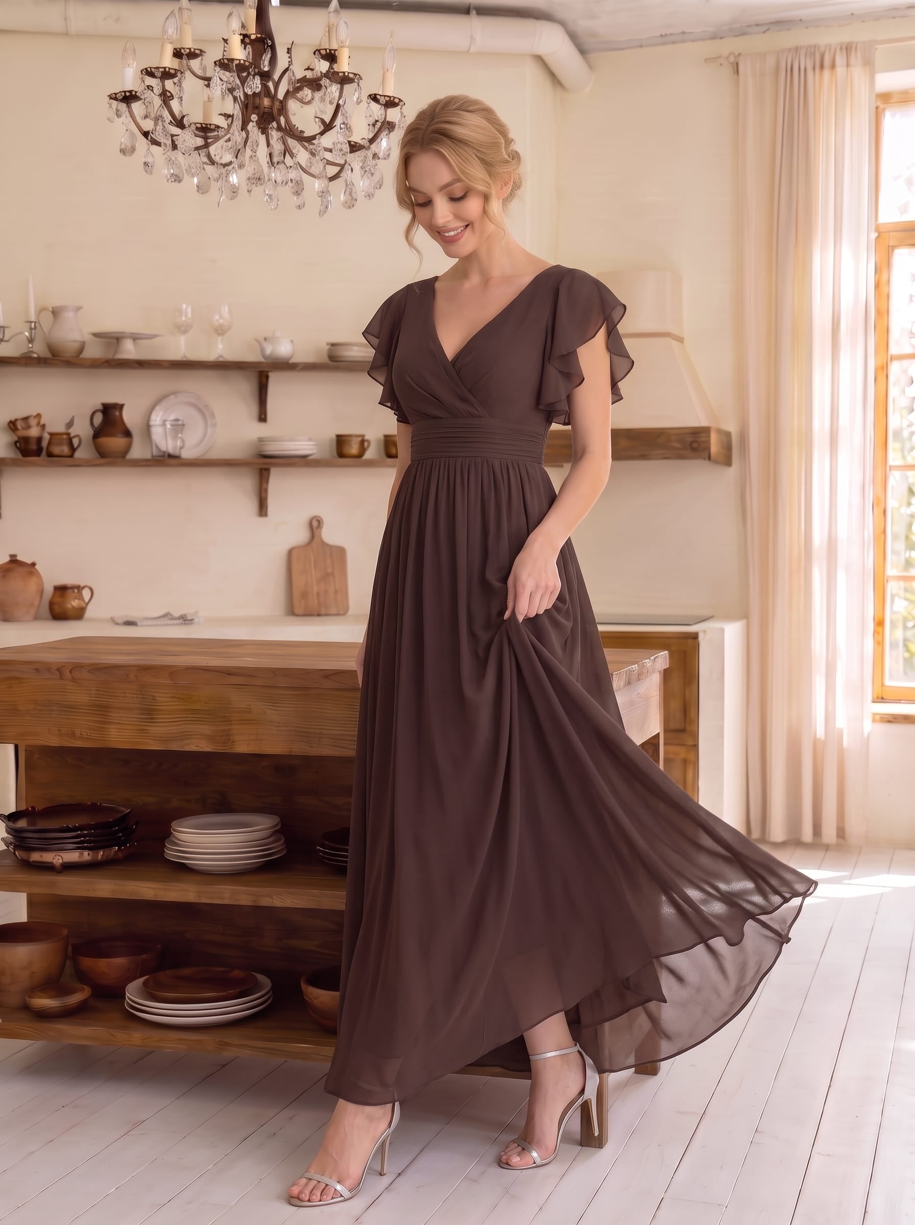 ever LILYANA|Floral V-Neck Open Back Ruffled Sleeves Chiffon Bridesmaid Dress #color_Espresso