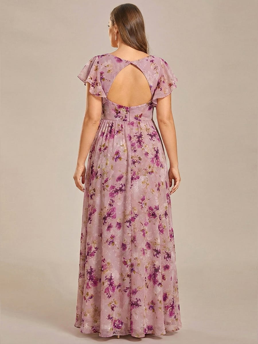 Elegant V-Neck Open Back Chiffon Bridesmaid Dress with Ruffled Sleeves #color_Light Purple Print