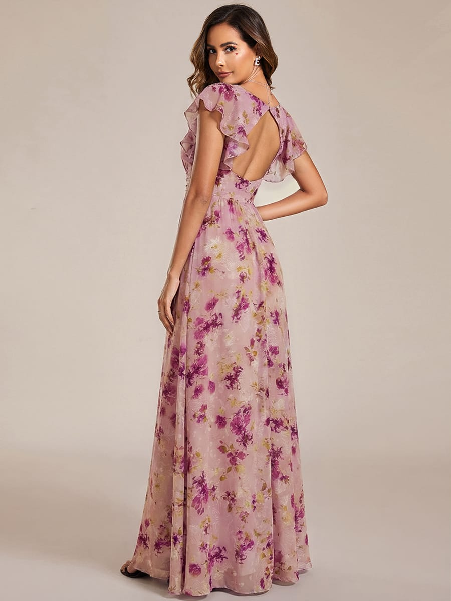 Elegant V-Neck Open Back Chiffon Bridesmaid Dress with Ruffled Sleeves #color_Light Purple Print