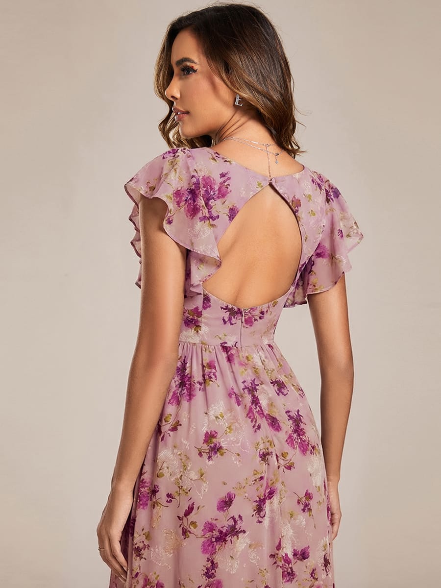 ever LILYANA|Floral V-Neck Open Back Ruffled Sleeves Chiffon Bridesmaid Dress #color_Light Purple Print