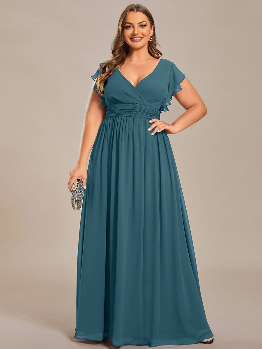 Plus Size V-Neck Open Back Ruffled Sleeves Chiffon Bridesmaid Dress #color_Teal