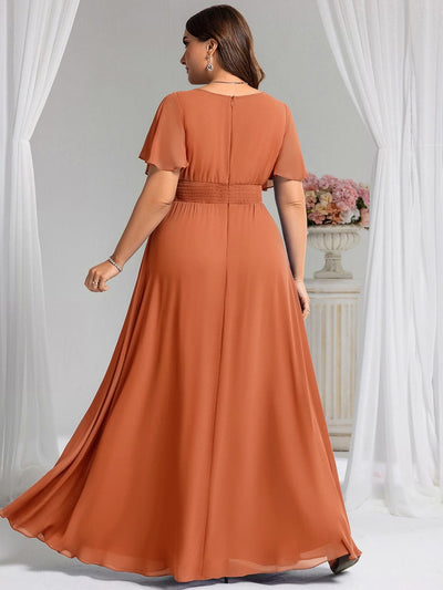 Stylish Chiffon Plus Size Evening Dresses with Long Lantern Sleeves #color_Brandied Melon