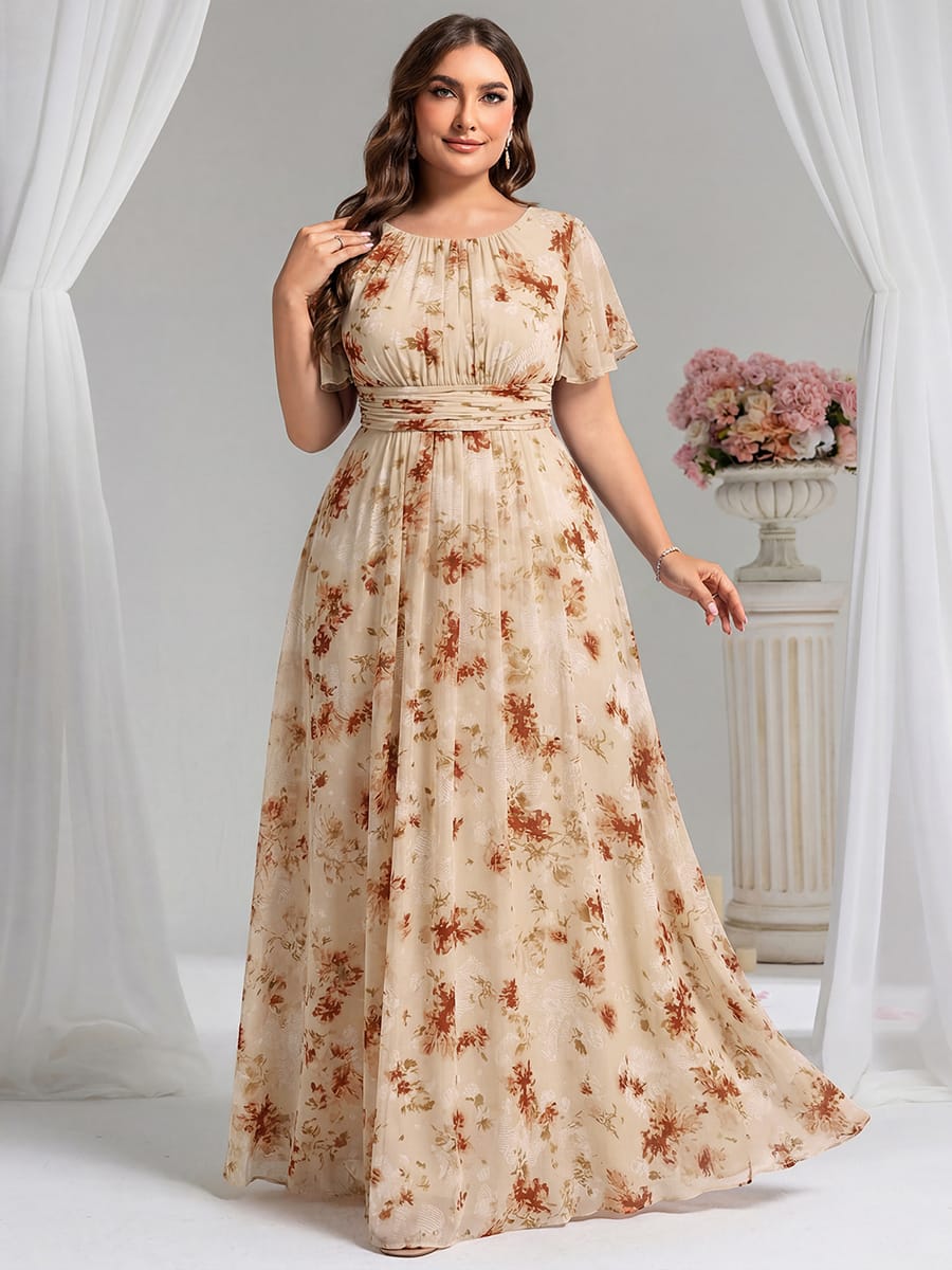 Simple Chiffon Pleated A-Line Round Neckline Bridesmaid Dress #color_Champagne Print